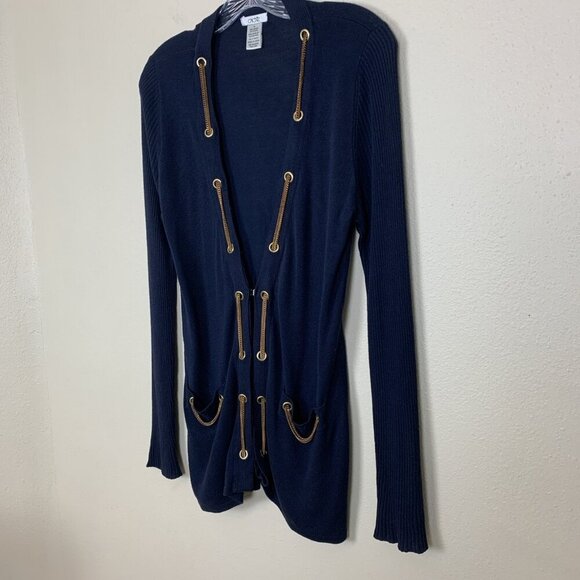 Cache Womens M Cardigan Sweater Navy Blue Gold Chain Nautical Quiet Luxury Knit - Picture 4 of 16